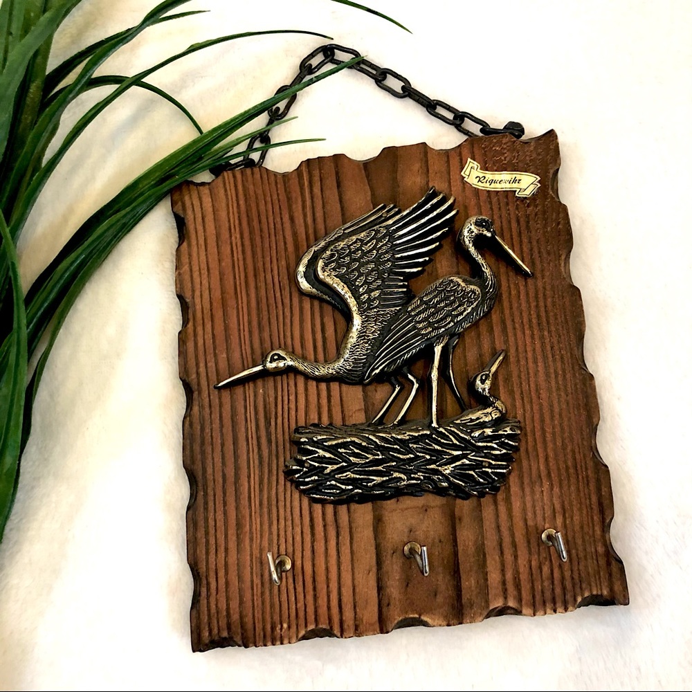 Vintage Wood Souvenir Key Holder with Crane Figure